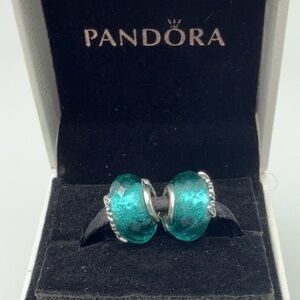 2 New Retired Pandora Green Faceted Murano Friendship Charms